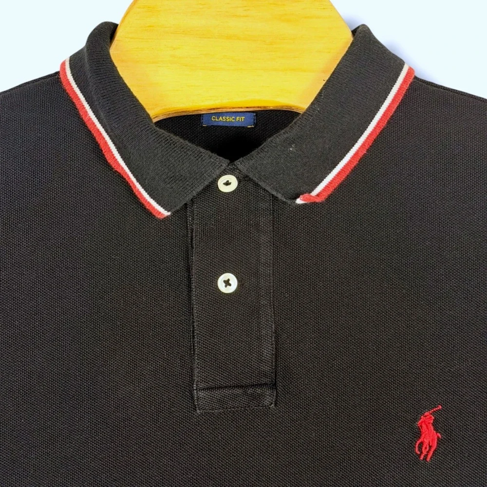 Polo Ralph Lauren Polo Shirt Mens L Black Classic Fit Cotton Contrast Trim Pony